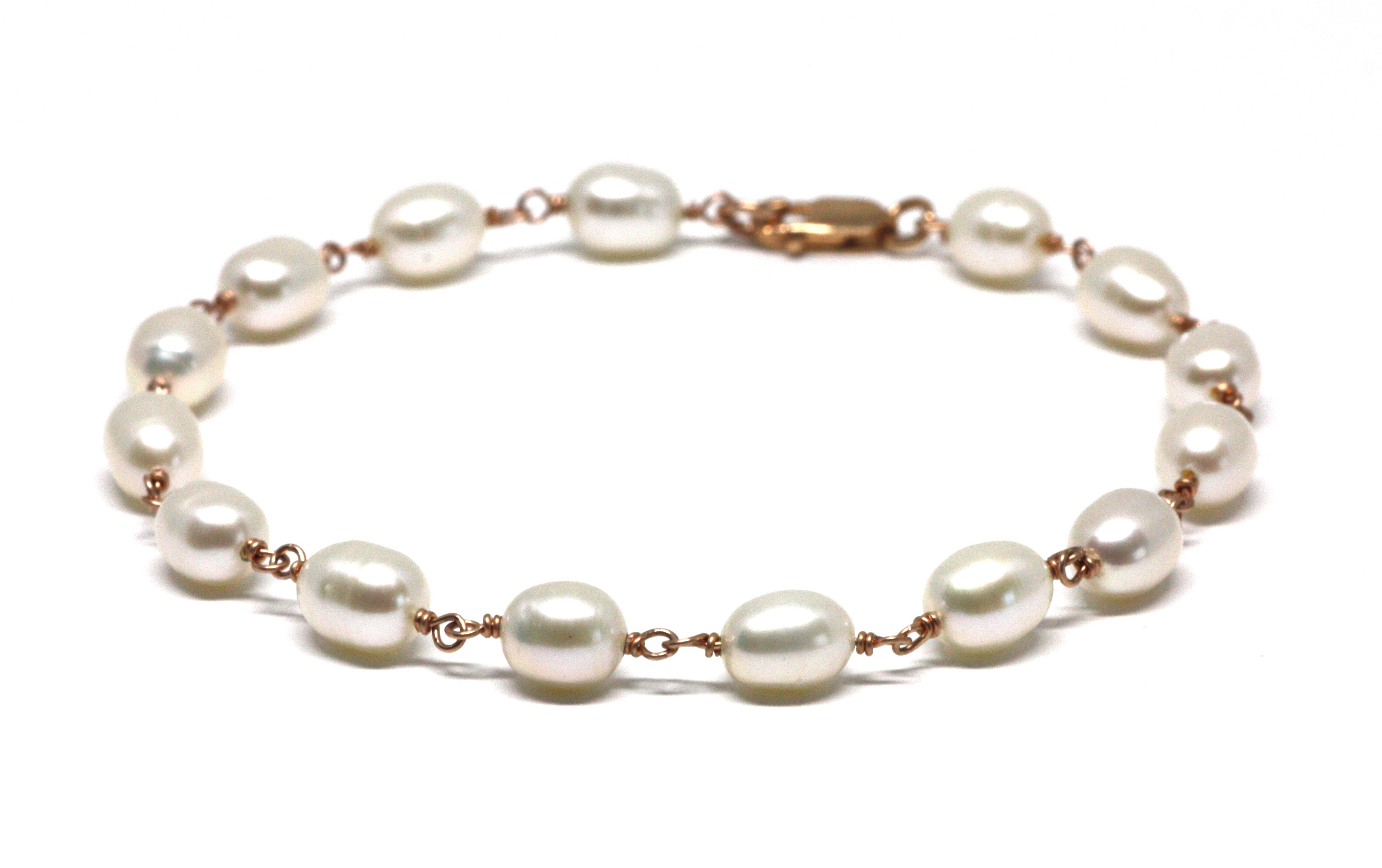 White Pearl Bracelet in Wire Wrapped Rose Gold