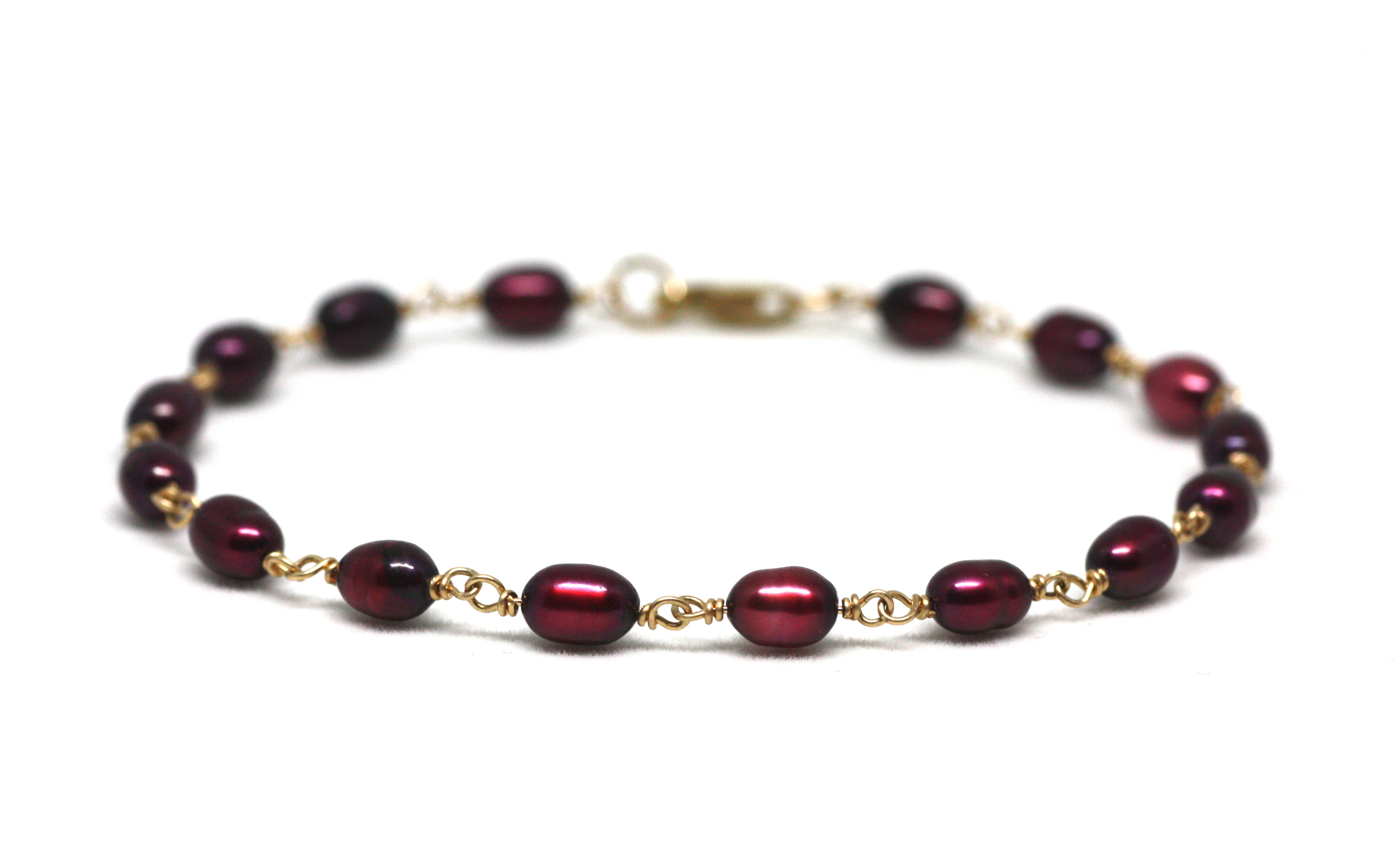 Crimson Red Pearl Bracelet in Wire Wrapped Gold