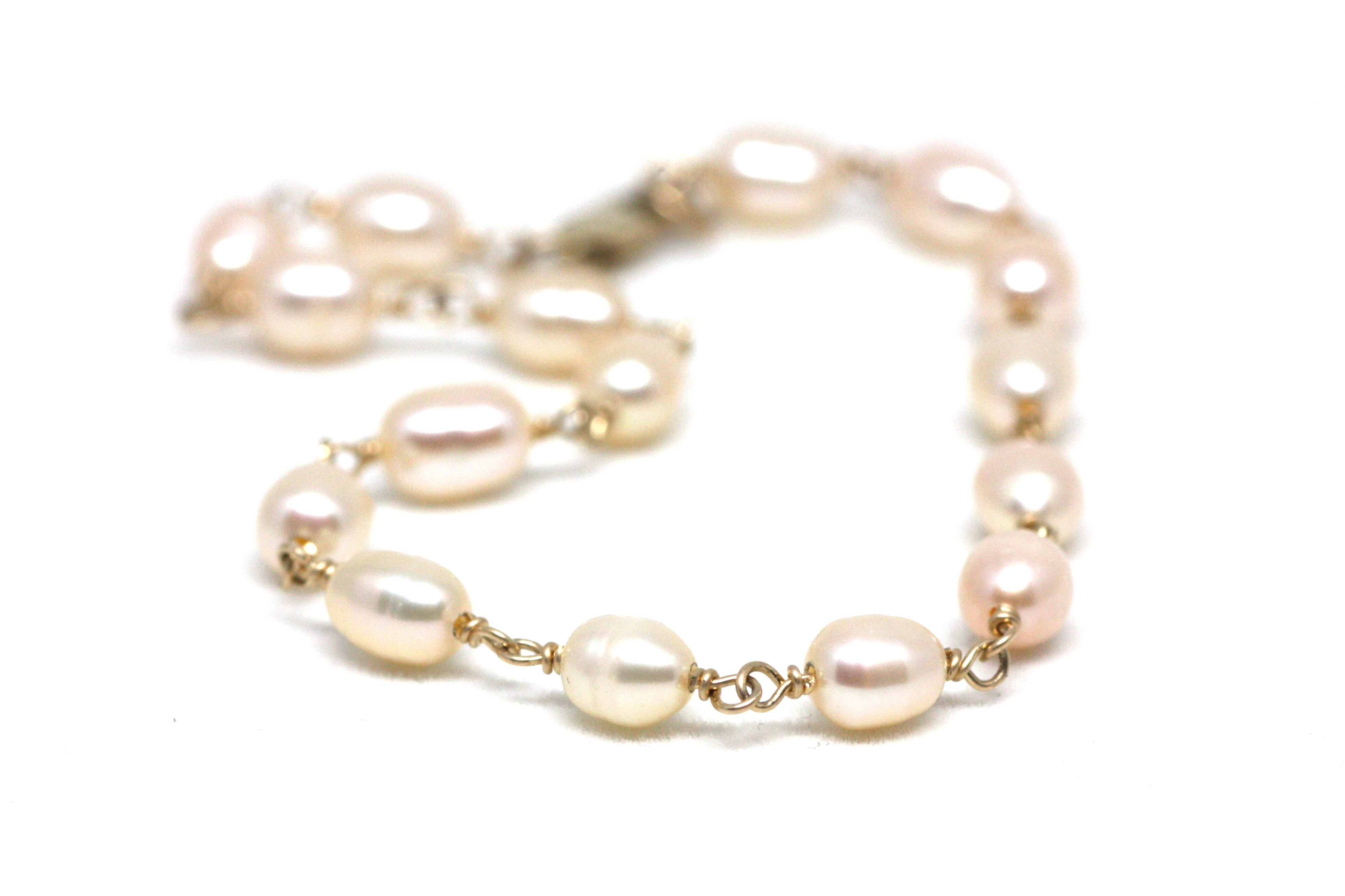 Light Peach Pearl Bracelet in Wire Wrapped Gold