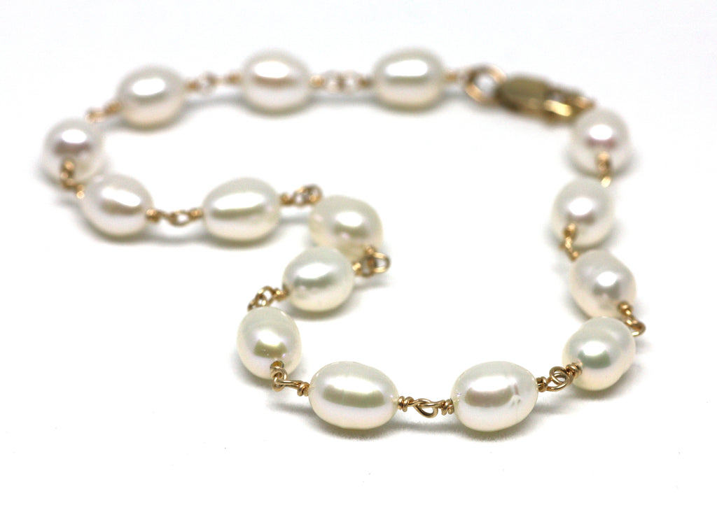 Chunky Pearl Bracelet--Wire Wrapped White Pearls