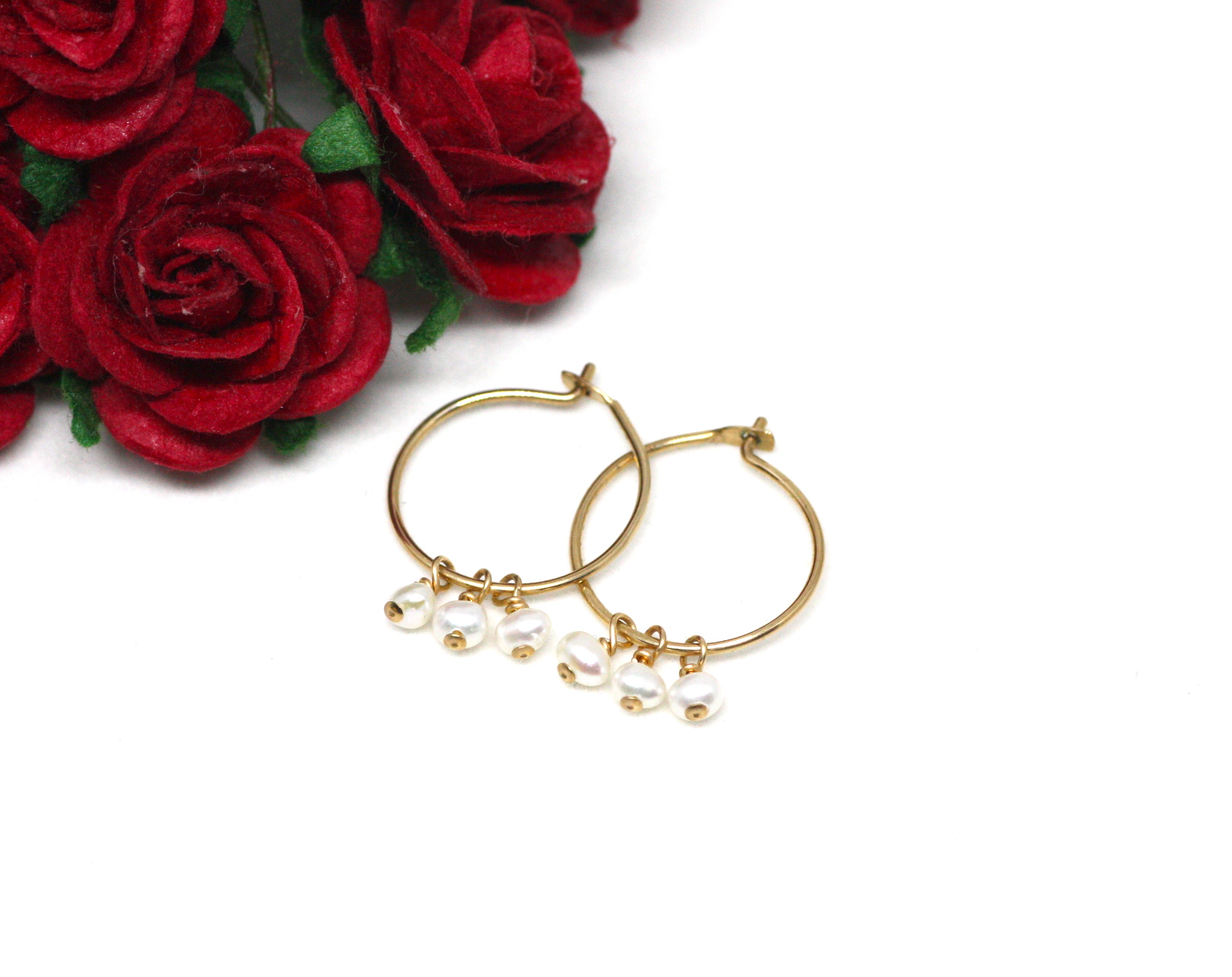 White Pearl Small Hoop Earrings in Gold