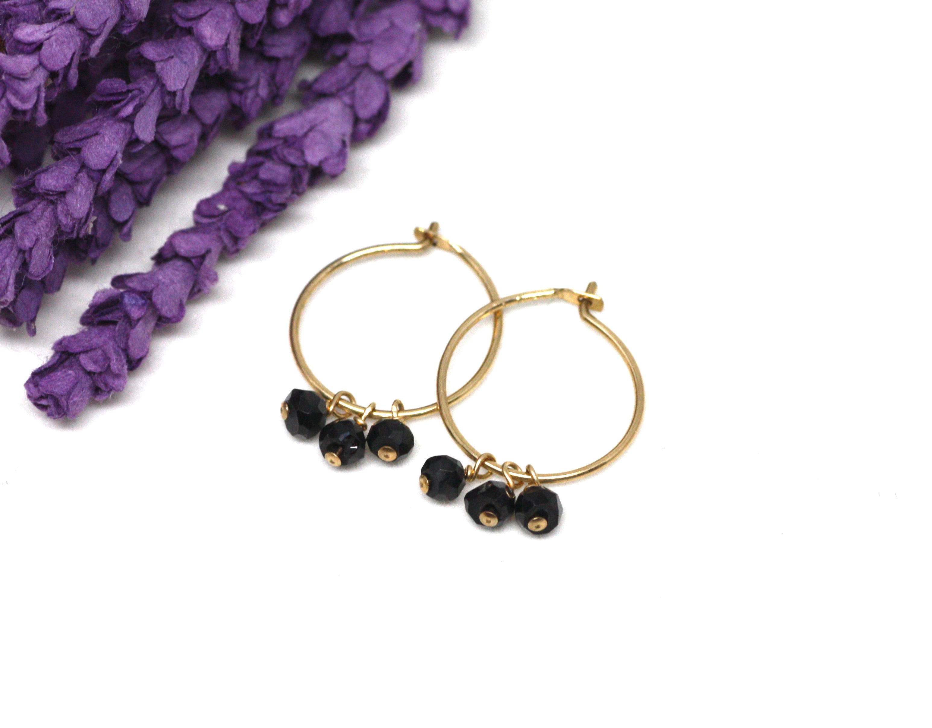 Black Spinel Small Hoop Earrings in Gold