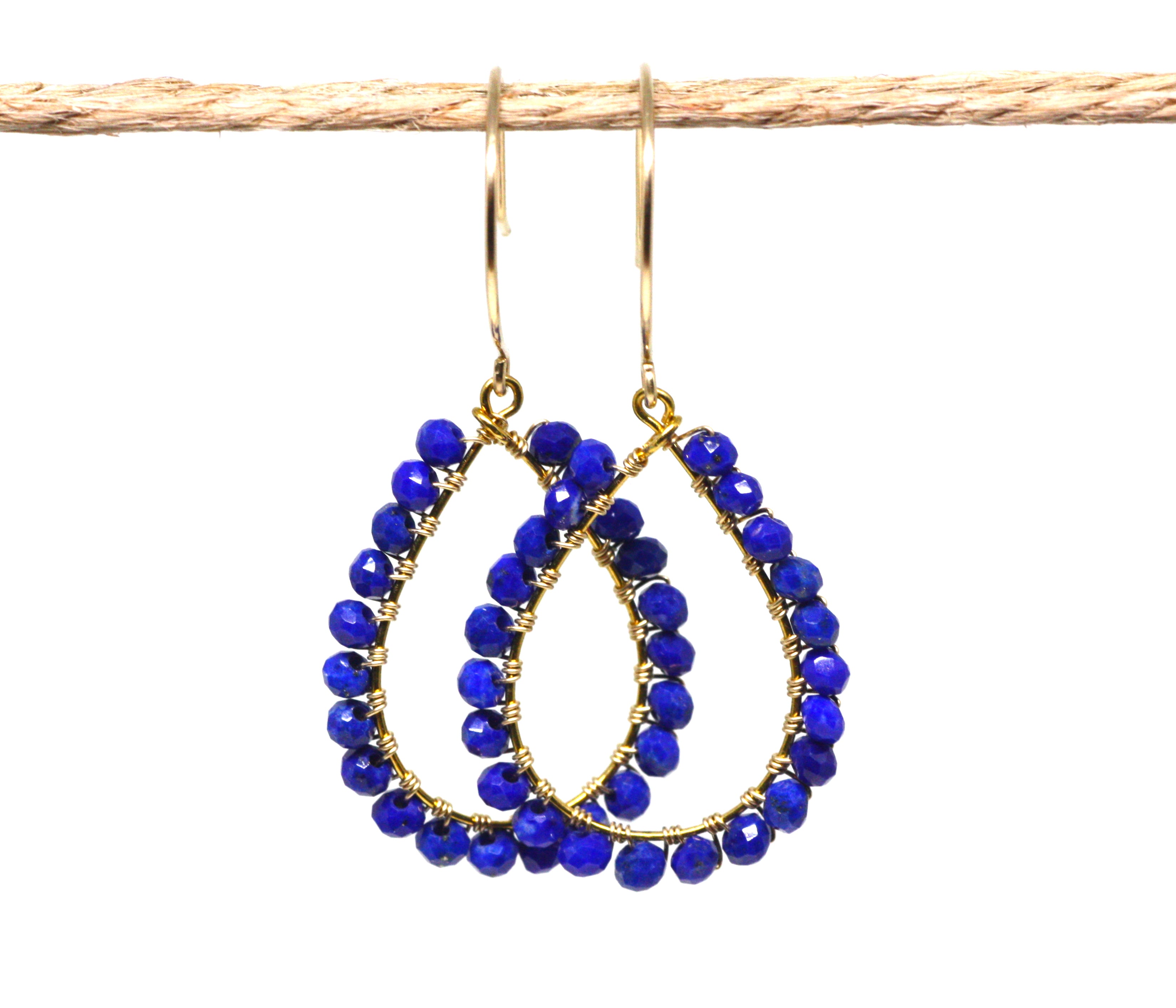 Lapis Lazuli Wire Wrapped Teardrop Earrings
