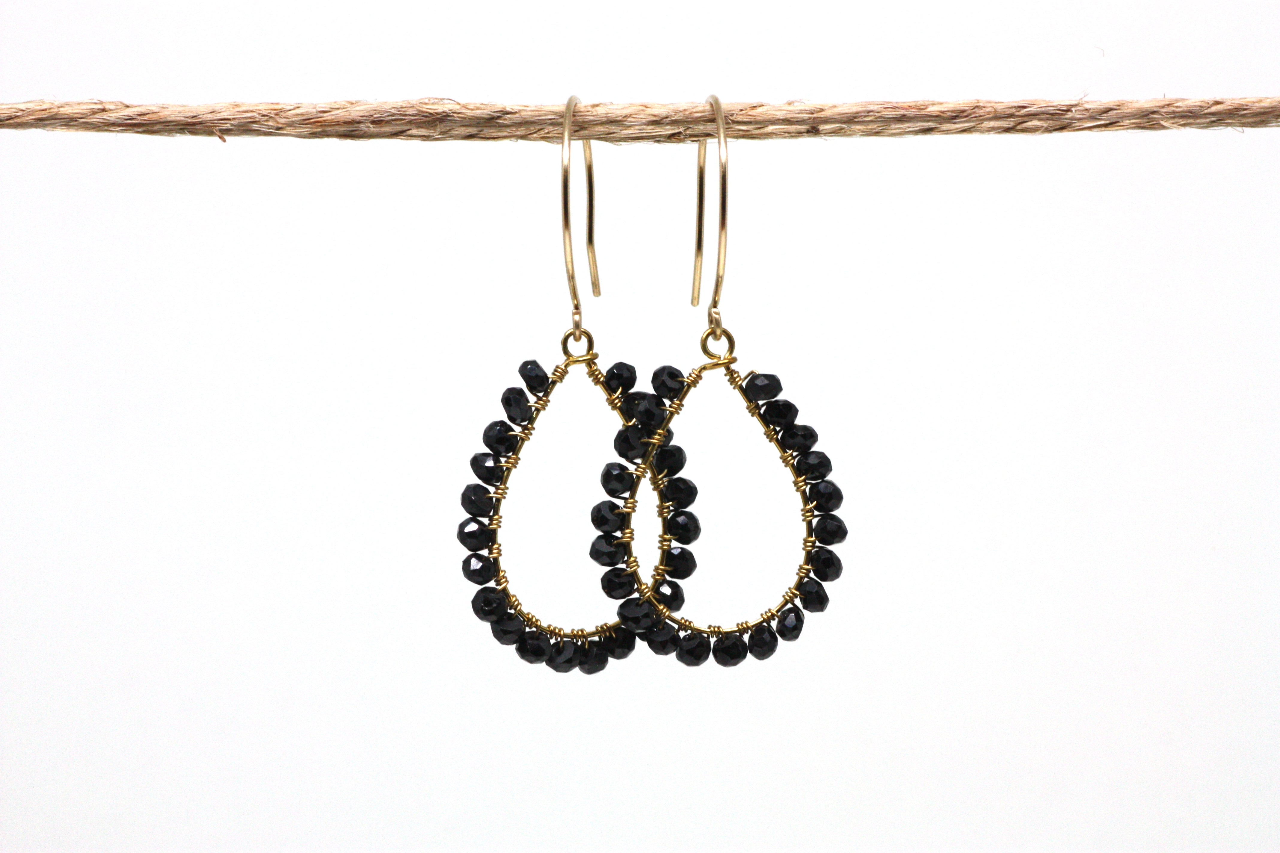 Black Spinel Wire Wrapped Teardrop Earrings