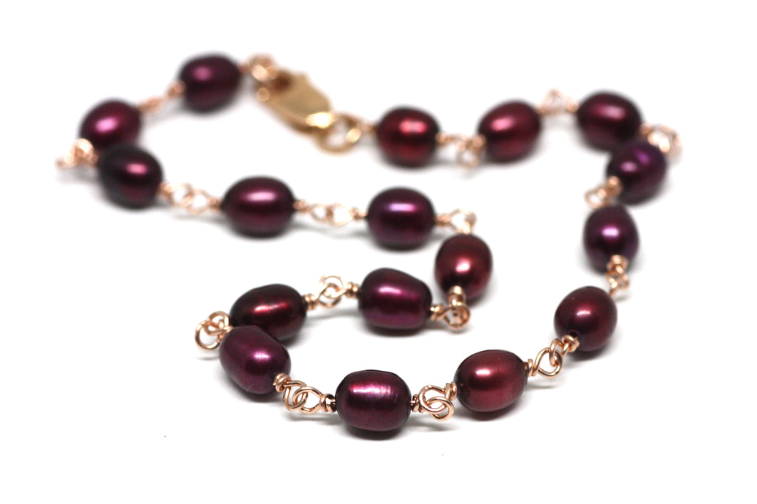 Red Pearl Bracelet in Wire Wrapped Rose Gold