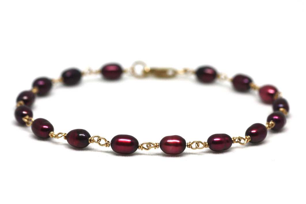 Crimson Red Pearl Bracelet in Wire Wrapped Gold