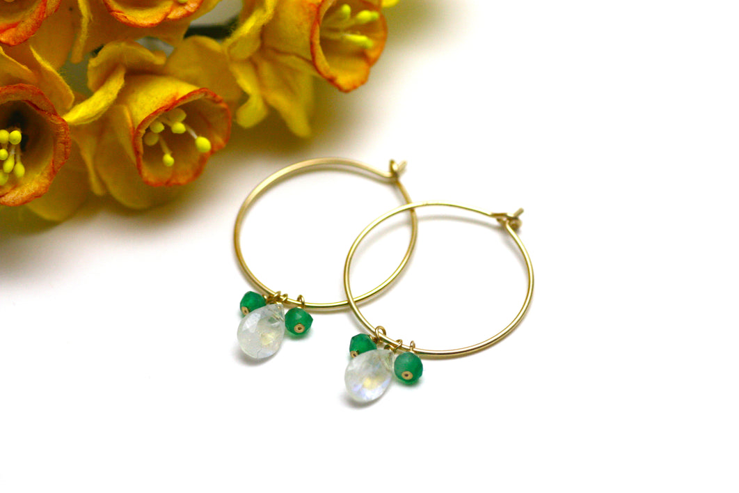 Moonstone and Green Onyx Hoop Earrings in Gold