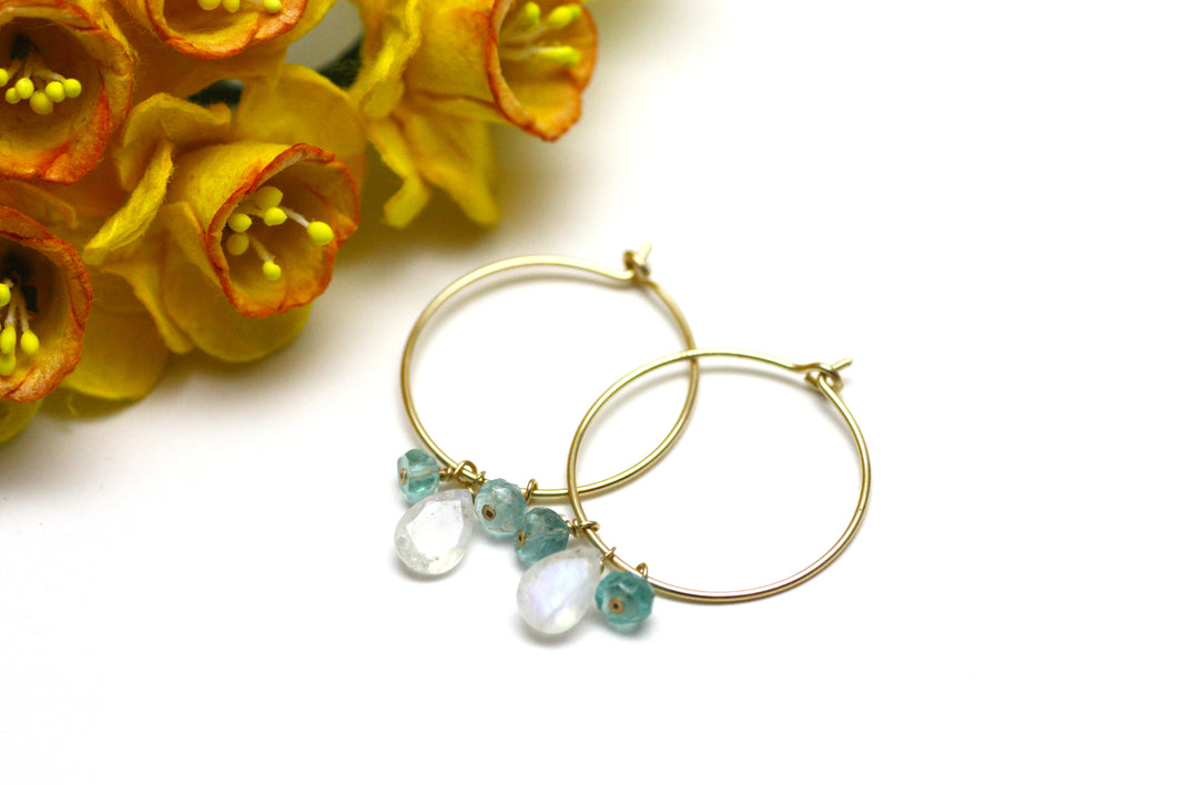 Moonstone and Blue Apatite Hoop Earrings in Gold