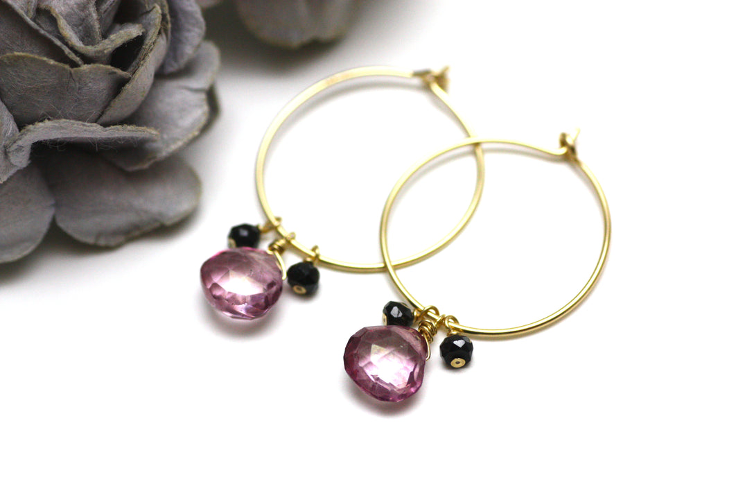 Pink Quartz and Black Spinel Hoop Earrings in Gold