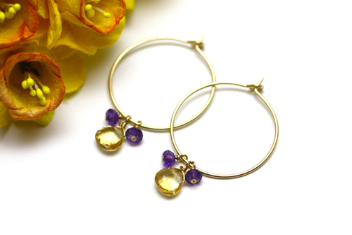 Citrine and Amethyst Hoop Earrings in Gold
