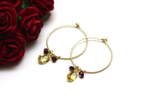 Citrine and Garnet Hoop Earrings in Gold