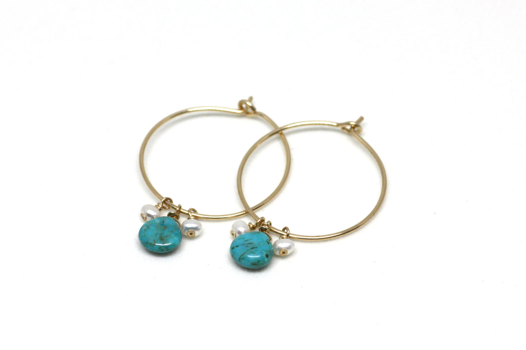 Turquoise and Pearl Hoop Earrings in Gold