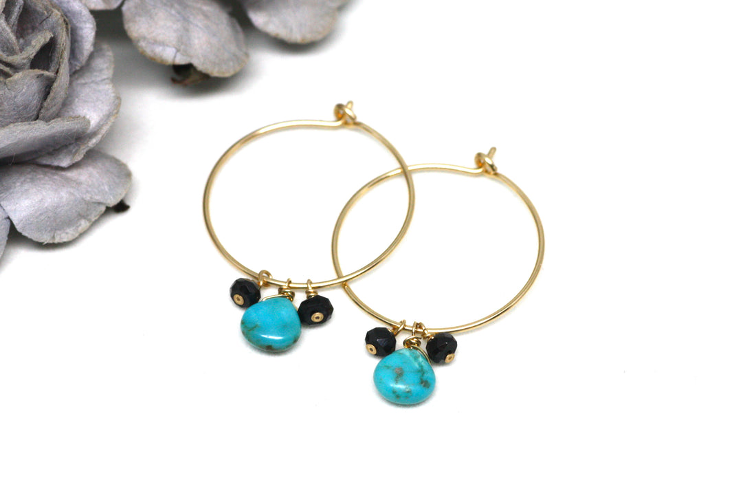 Turquoise and Black Spinel Hoop Earrings in Gold
