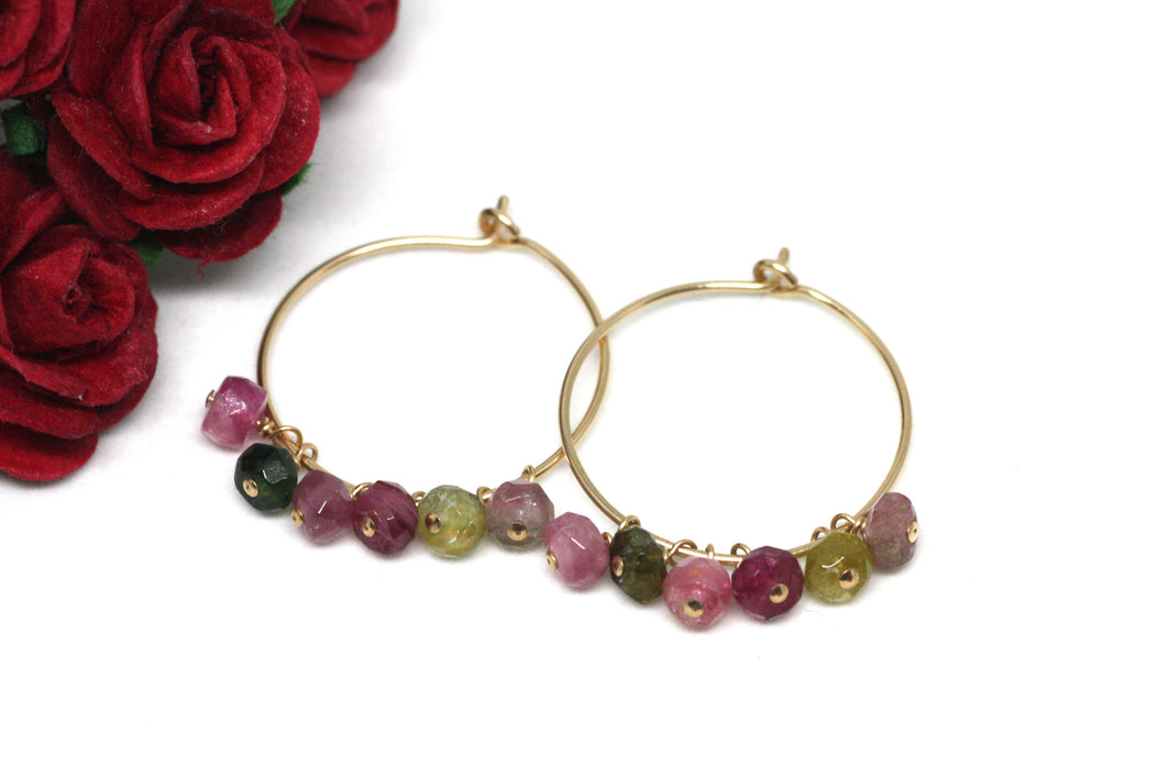 Watermelon Tourmaline Hoop Earrings in Gold