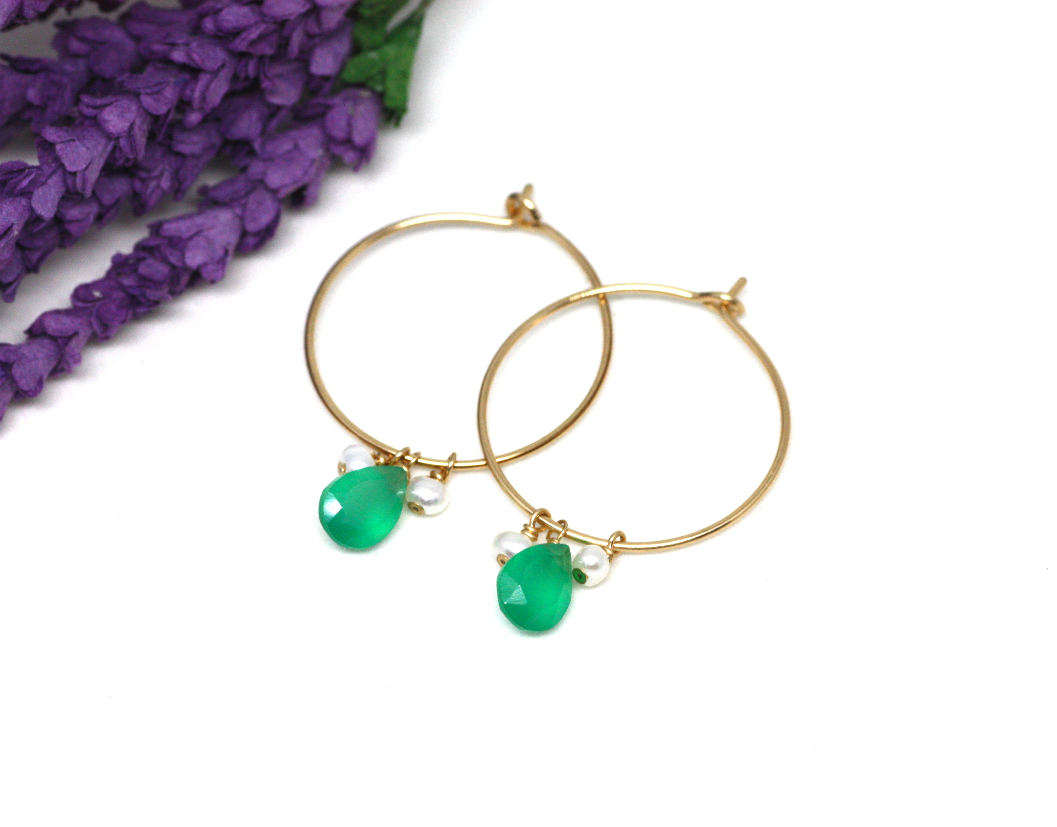 Green Onyx and Pearl Hoop Earrings in Gold