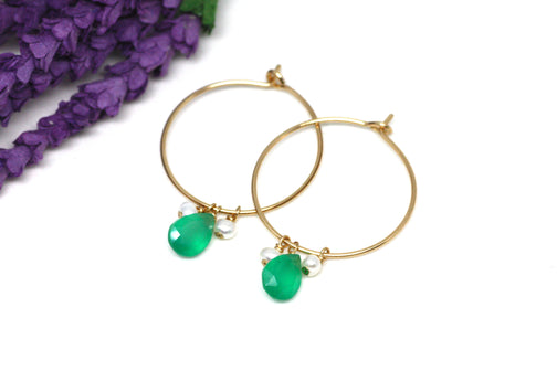 Green Onyx and Pearl Hoop Earrings in Gold