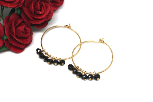 Black Spinel Hoop Earrings in Gold