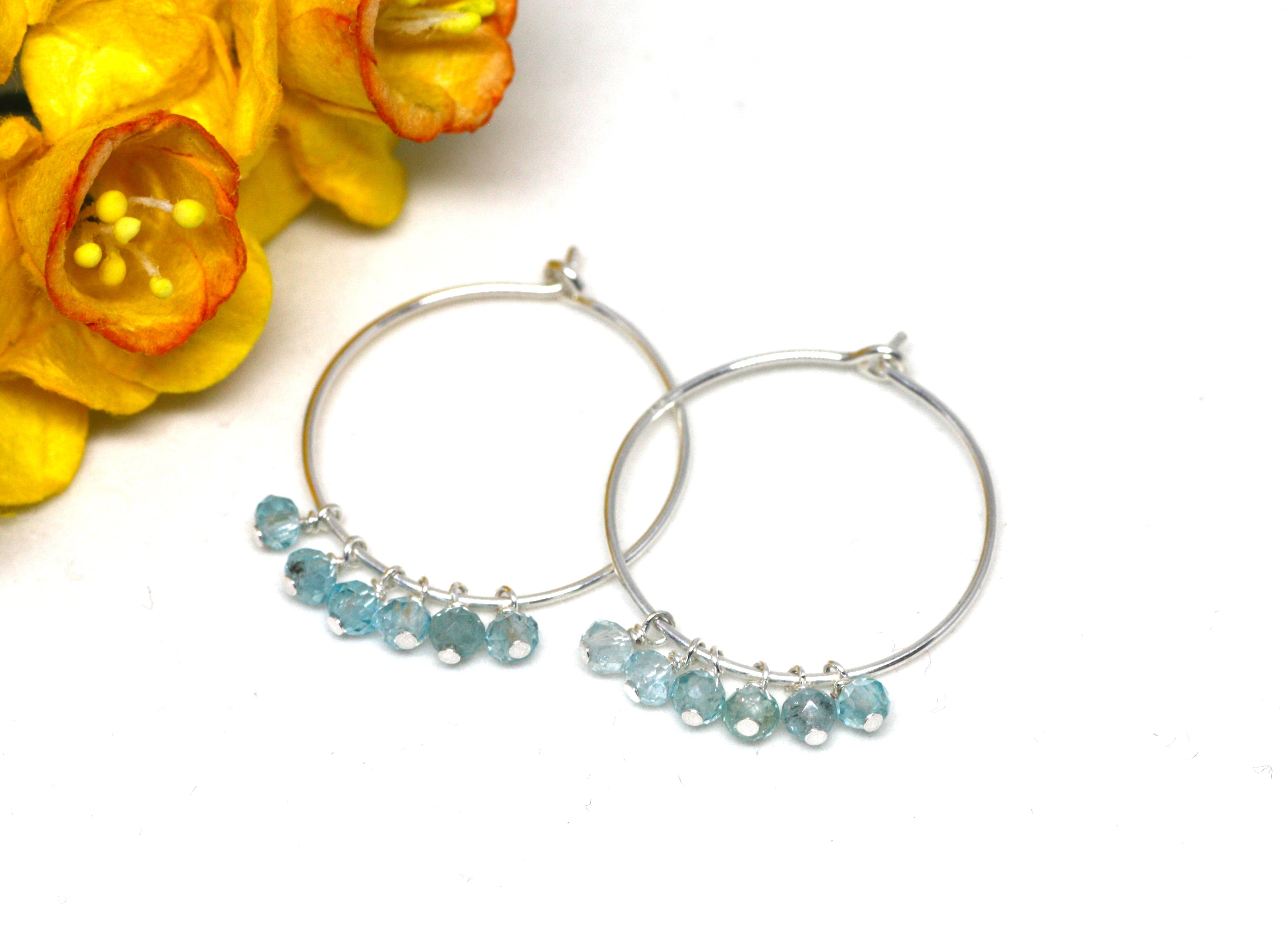 Blue Apatite Hoop Earrings in Silver