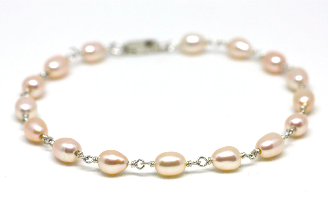 Light Peach Pearl Bracelet in Wire Wrapped Silver
