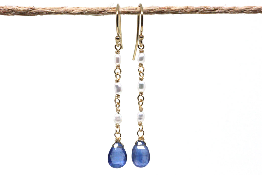 Kyanite and Pearl Long Dangle Earrings