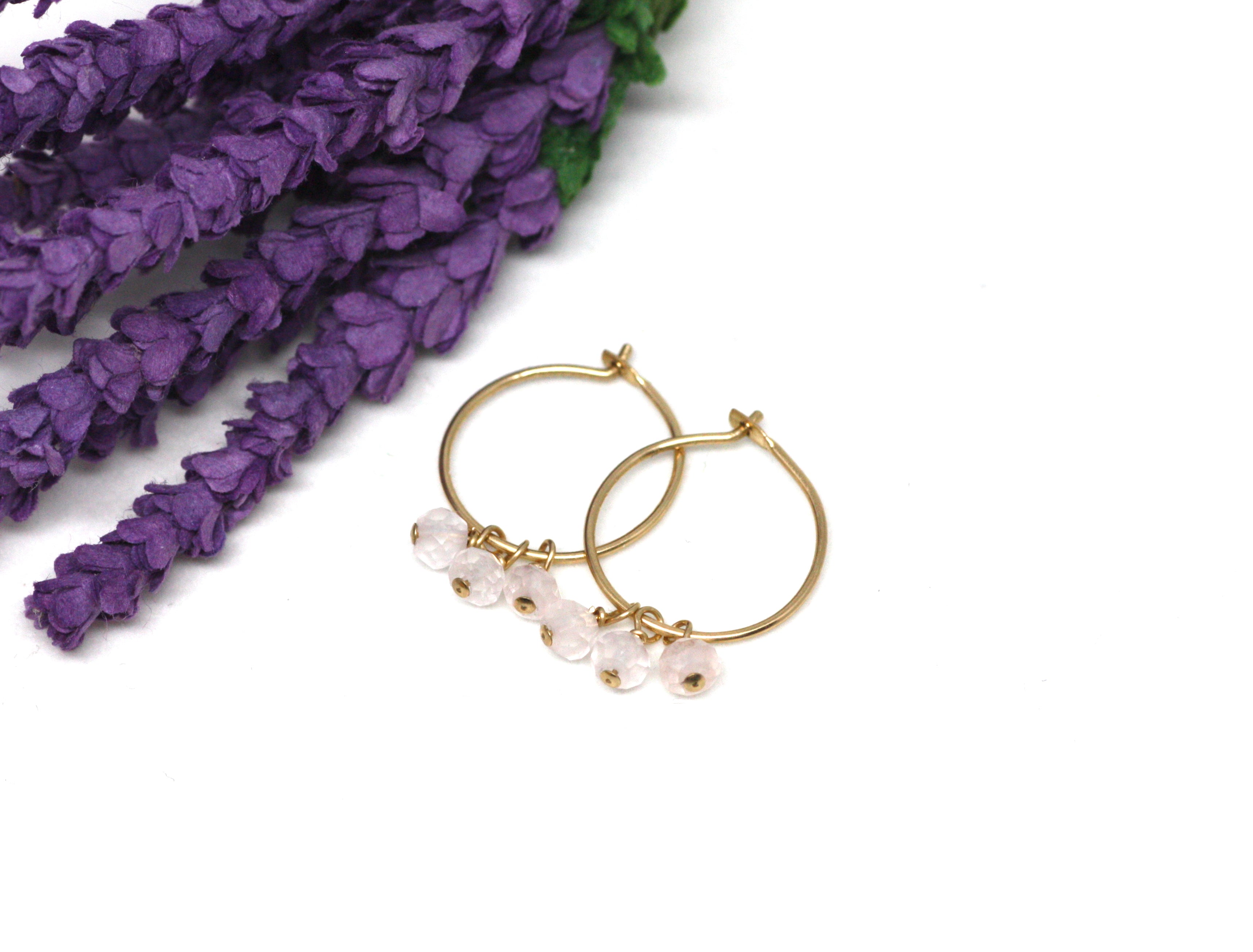 Rose Quartz Small Hoop Earrings in Gold